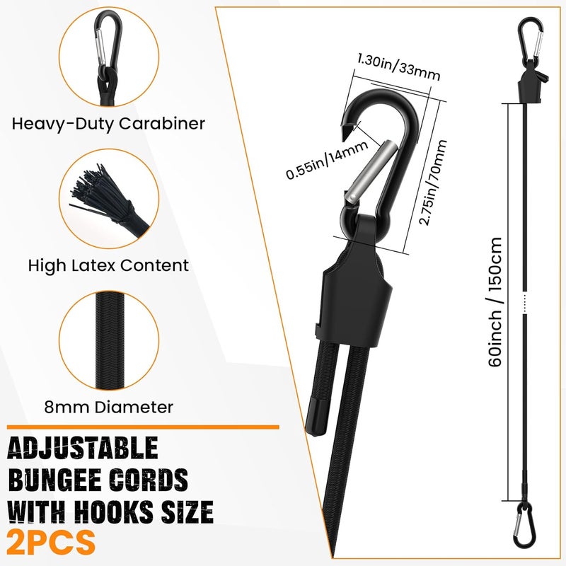 MARRTEUM Adjustable Bungee Cords with Hooks 60 Inch Long Superior Latex Heavy Duty Elastic Straps for Outdoor Tent, Luggage Rack, Camping, Cargo, Bike, Transporting, Storage [2PCS, Easy to Adjust 8" - 64"] - Image 2